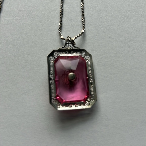 Vintage 1930s pink crystal sterling silver filigree necklace - Picture 4 of 4